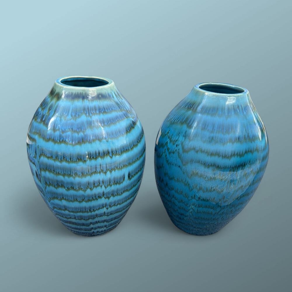 Pair of Vintage Mid Century Blue Stripe Glazed Ceramic Vase-Blue-Round-Handmade